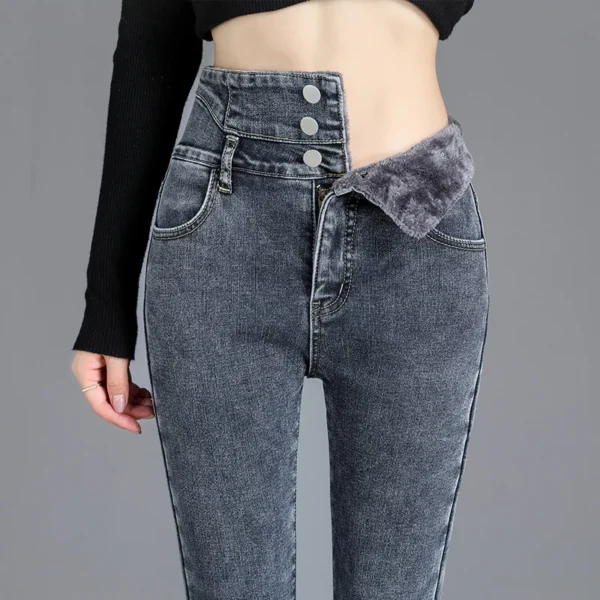 Pantalones vaqueros térmicos de lana gruesa para mujer, Vaqueros ajustados cálidos de cintura alta, pantalones pitillo con botones elásticos, pantalones vaqueros informales de terciopelo para mamá - Imagen 9