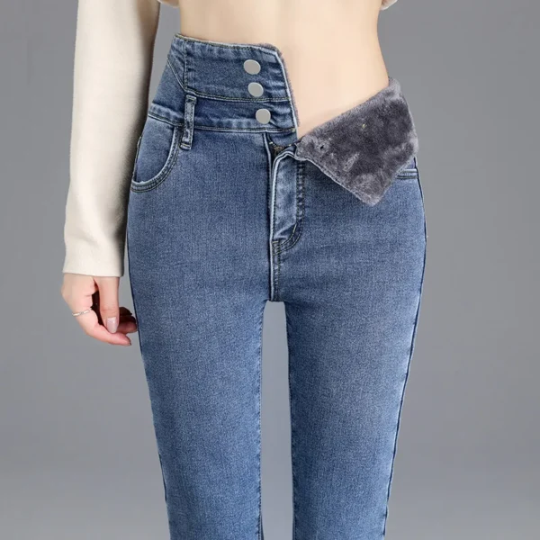 Pantalones vaqueros térmicos de lana gruesa para mujer, Vaqueros ajustados cálidos de cintura alta, pantalones pitillo con botones elásticos, pantalones vaqueros informales de terciopelo para mamá - Imagen 10