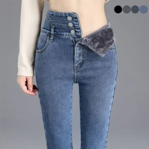 Pantalones vaqueros térmicos de lana gruesa para mujer, Vaqueros ajustados cálidos de cintura alta, pantalones pitillo con botones elásticos, pantalones vaqueros informales de terciopelo para mamá