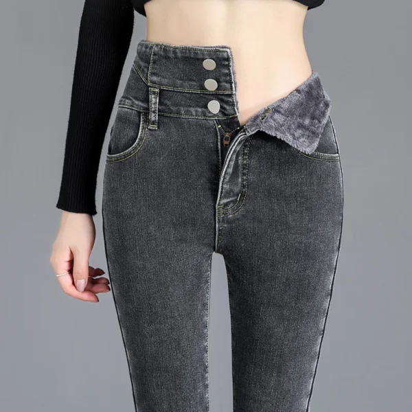 Pantalones vaqueros térmicos de lana gruesa para mujer, Vaqueros ajustados cálidos de cintura alta, pantalones pitillo con botones elásticos, pantalones vaqueros informales de terciopelo para mamá - Imagen 6