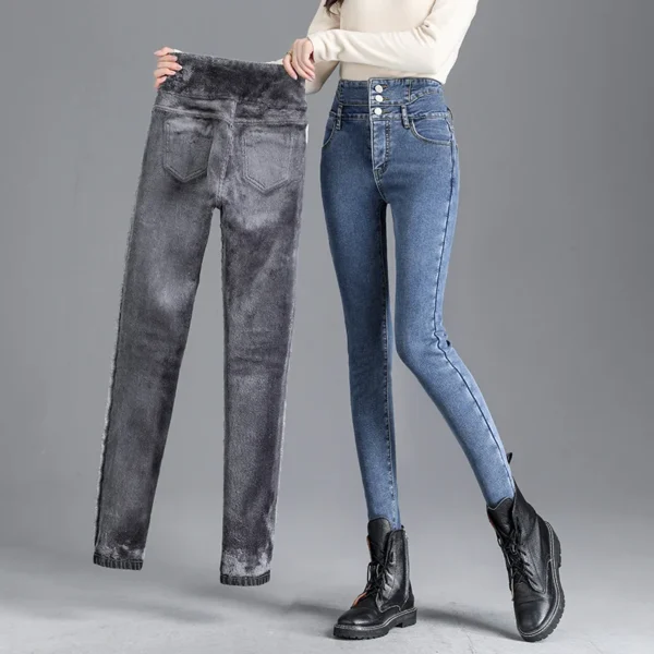 Pantalones vaqueros térmicos de lana gruesa para mujer, Vaqueros ajustados cálidos de cintura alta, pantalones pitillo con botones elásticos, pantalones vaqueros informales de terciopelo para mamá - Imagen 3