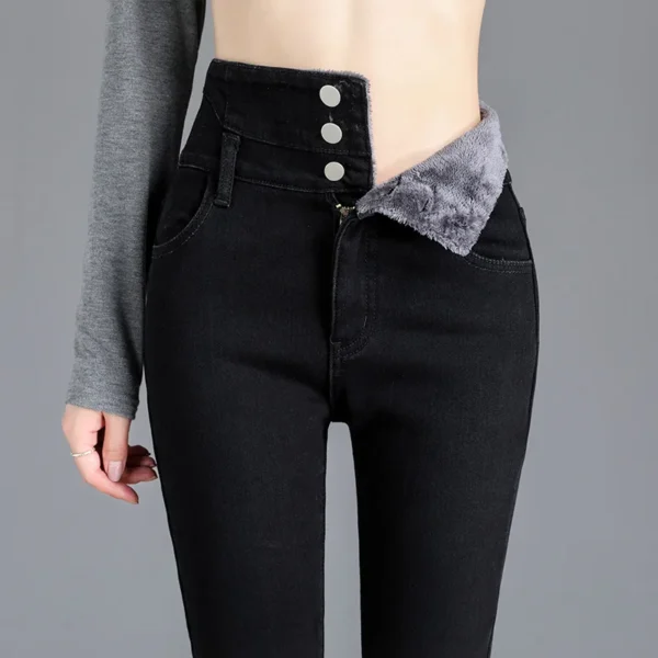 Pantalones vaqueros térmicos de lana gruesa para mujer, Vaqueros ajustados cálidos de cintura alta, pantalones pitillo con botones elásticos, pantalones vaqueros informales de terciopelo para mamá - Imagen 7