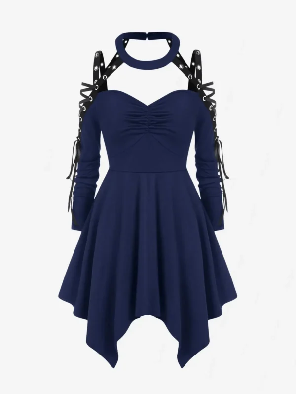 ROSEGAL-ropa asimétrica gótica para mujer, Tops largos, Gargantilla, vestido recortado con cordones, camisetas negras de doble uso, talla grande - Imagen 7
