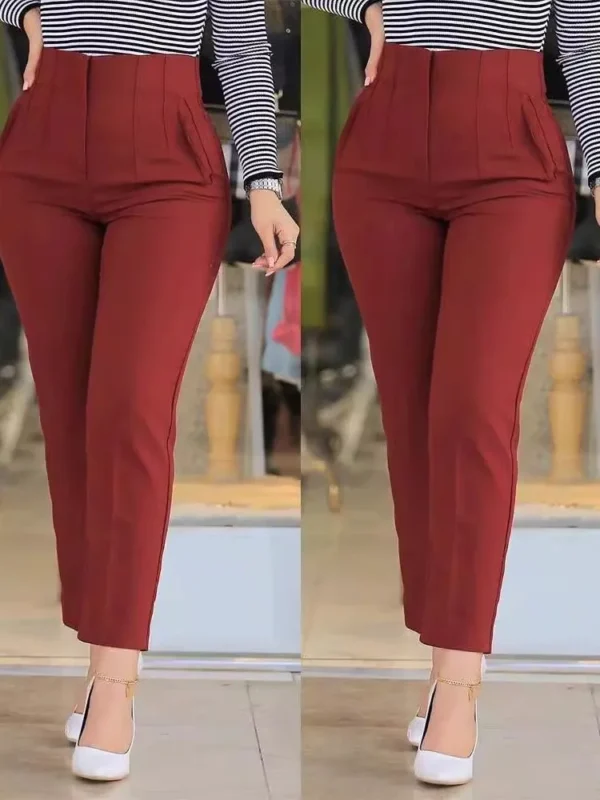 Pantalones largos negros informales a la moda, nuevos pantalones ajustados de Color sólido plisados a juego de nueve puntos para mujer, pantalones pitillo lisos para mujer - Imagen 5
