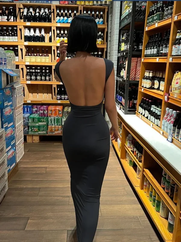 Vestido largo liso con espalda descubierta para mujer, ropa de calle Sexy, elegante, elástico, ajustado, manga corta - Imagen 5