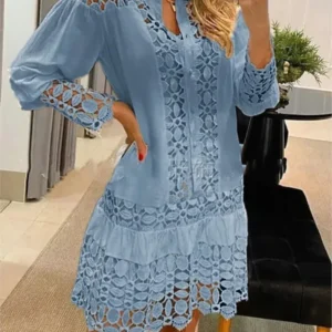 Vestidos de manga larga para mujer, Color sólido, empalme de encaje, camisa recortada de moda, vestido Sexy elegante para mujer