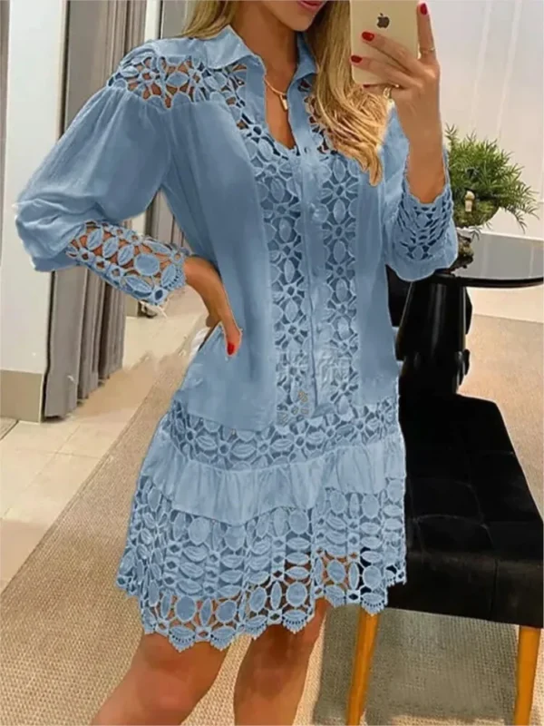 Vestidos de manga larga para mujer, Color sólido, empalme de encaje, camisa recortada de moda, vestido Sexy elegante para mujer