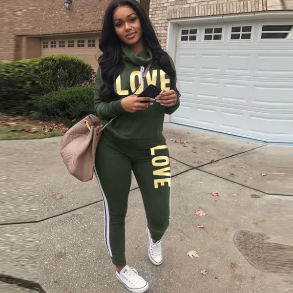 Conjunto de 2 piezas para mujer, sudadera con capucha de cuello alto con estampado de letras de amor, pantalones, chándal, ropa de calle de talla grande, traje informal 2022 - Imagen 7