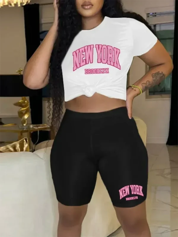 Conjunto de dos piezas de moda , pantalón corto informal, camiseta de manga y pantalones cortos con cordón, camisetas, ropa para mujer - Imagen 6