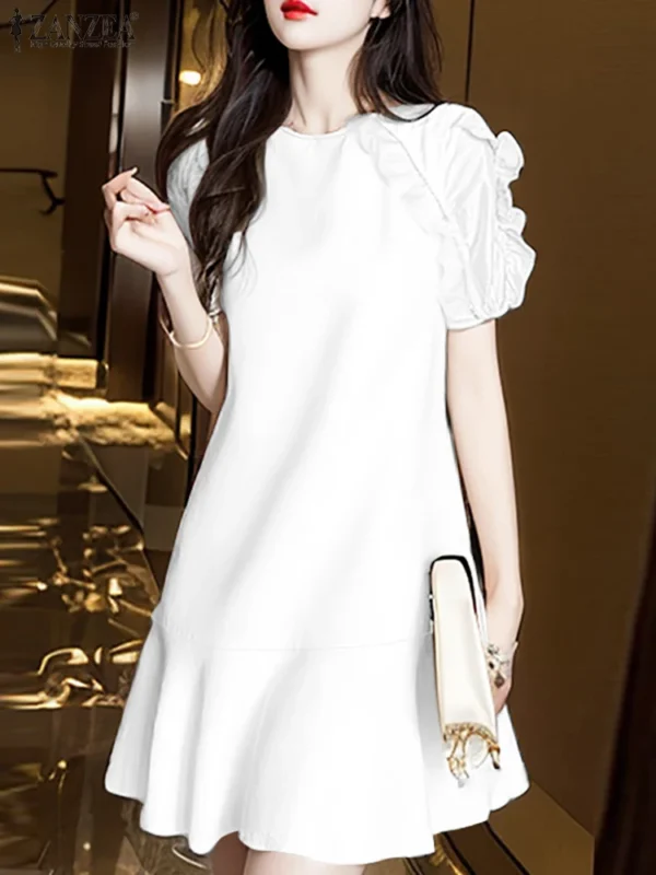 Vestido hasta la rodilla con volantes para mujer, vestido de manga corta de estilo coreano, Vestido corto liso elegante, Vestidos de fiesta con cuello redondo para verano 2025 - Imagen 2