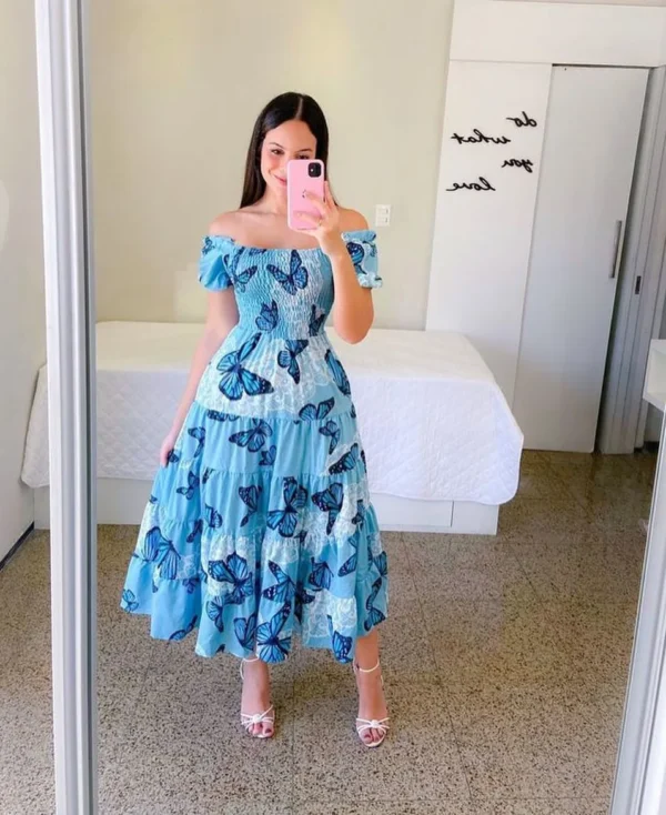 Vestido Midi elegante con hombros descubiertos para mujer, vestidos de moda de verano 2024, vestido de manga corta con estampado de flores de cintura alta, ropa - Imagen 10