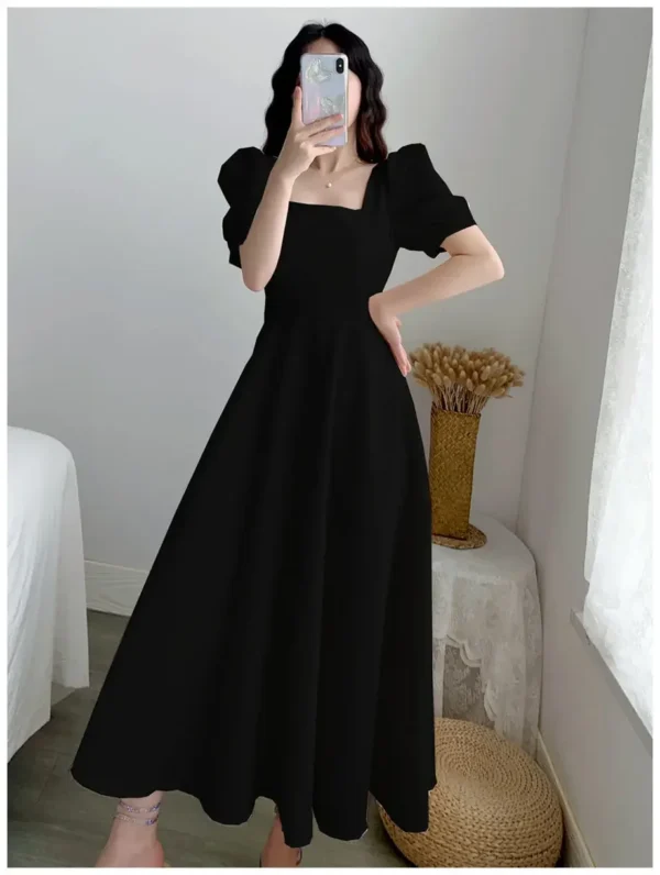 Vestido blanco ajustado para mujer, manga de burbuja, cuello cuadrado, estilo viento ligero, falda larga informal de verano, estilo coreano - Imagen 6