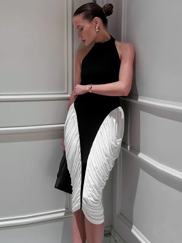 Vestido Midi elegante con cuello Halter en blanco y negro para mujer, vestido drapeado Sexy sin espalda sin mangas para vacaciones y fiesta de noche 2025 - Imagen 2