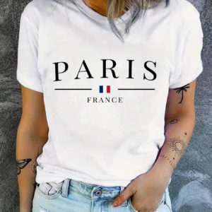 Camiseta con cuello redondo y estampado de París, Top informal de manga corta para ropa de mujer de primavera y verano
