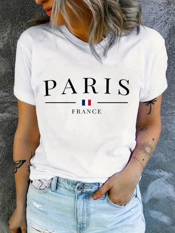 Camiseta con cuello redondo y estampado de París, Top informal de manga corta para ropa de mujer de primavera y verano