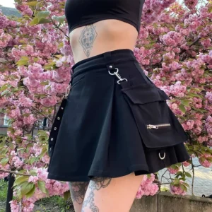 Faldas negras de cintura alta para mujer, minifalda Sexy de estilo gótico, Punk, Harajuku