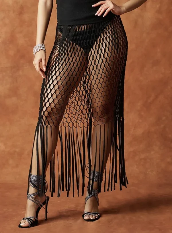 Falda larga calada de rejilla para mujer, ropa de playa Sexy, faldas elegantes con borlas, vestido de fiesta para vacaciones, novedad de 2025 - Imagen 8