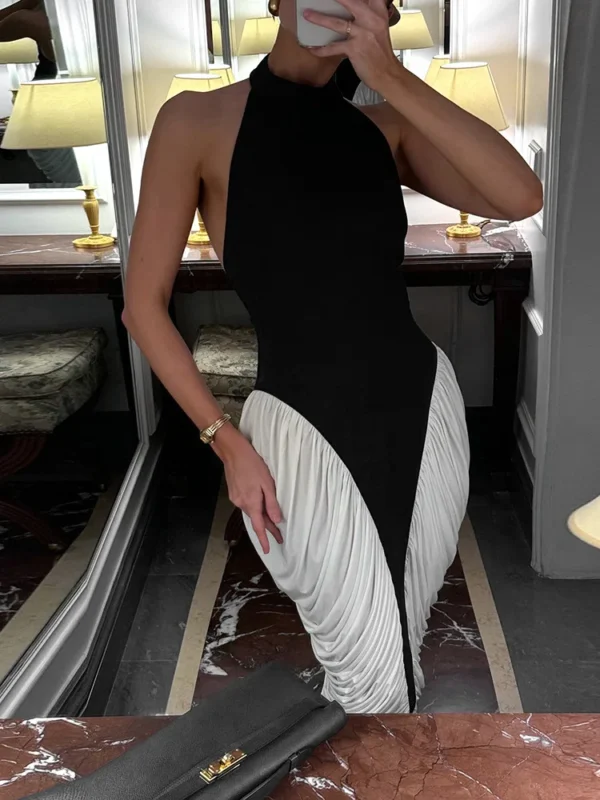 Vestido Midi elegante con cuello Halter en blanco y negro para mujer, vestido drapeado Sexy sin espalda sin mangas para vacaciones y fiesta de noche 2025 - Imagen 5