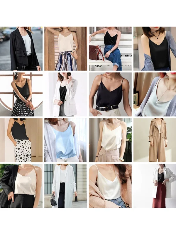 Top con tirantes finos para mujer, camisola básica blanca con cuello Halter, camisetas sin mangas de seda satinada, camisola de verano para mujer - Imagen 6