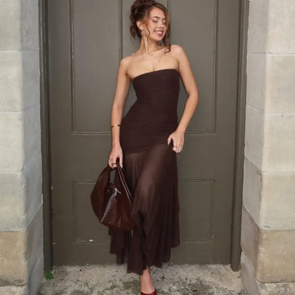 Vestido largo de tubo de malla para mujer, vestido largo Sexy plisado ajustado de retazos marrón, Vestidos de noche de fiesta Vintage, Vestidos 2025 - Imagen 2