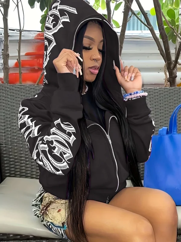 Sudaderas con capucha y cremallera de manga larga con estampado de letras, sudadera punk gótica Cyber Y2K, ropa de mujer - Imagen 13