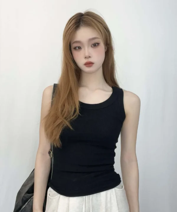 Camiseta sin mangas acanalada con cuello redondo liso para mujer, camisas elásticas básicas de verano, chaleco deportivo informal con hombros descubiertos - Imagen 7