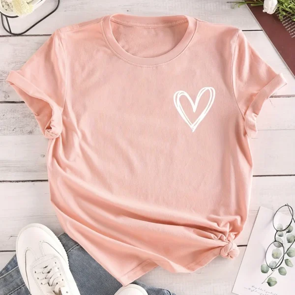 Camiseta con estampado de corazones, camiseta de manga corta con cuello redondo, camisetas informales para todos los días, ropa de mujer - Imagen 13