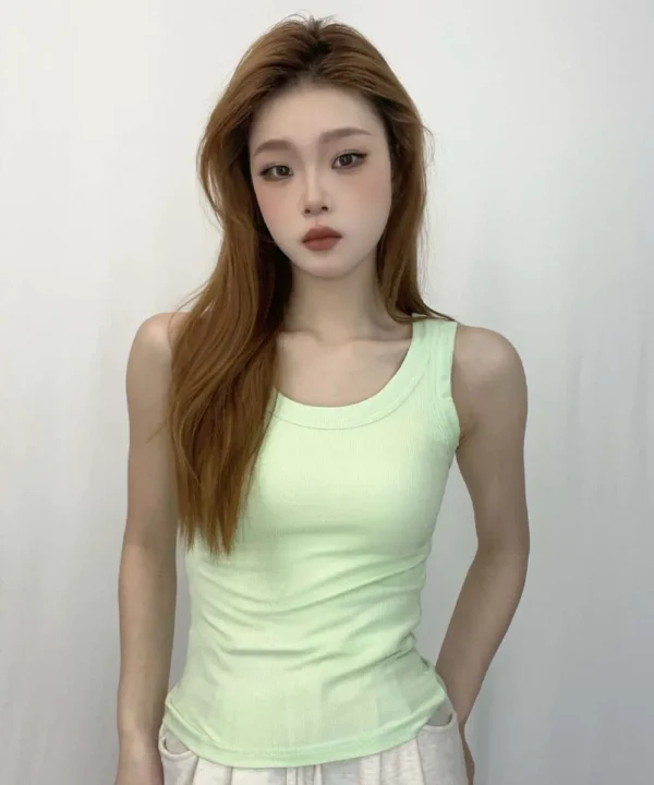 Camiseta sin mangas acanalada con cuello redondo liso para mujer, camisas elásticas básicas de verano, chaleco deportivo informal con hombros descubiertos - Imagen 10