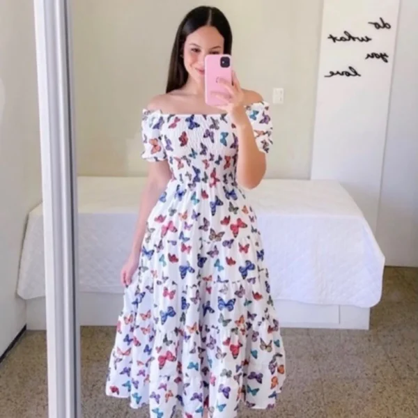 Vestido Midi elegante con hombros descubiertos para mujer, vestidos de moda de verano 2024, vestido de manga corta con estampado de flores de cintura alta, ropa - Imagen 2