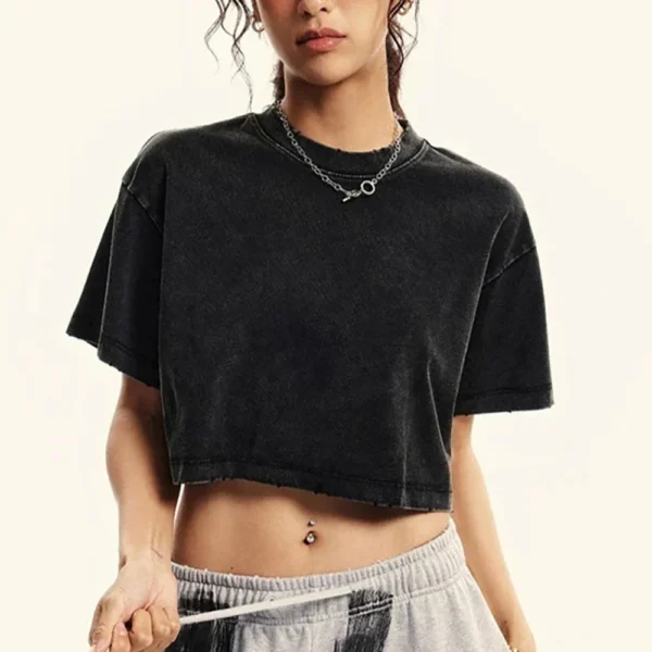 Camiseta lavada ajustada lisa para mujer, ropa informal de algodón suave a la moda, pantalón corto deportivo informal de manga corta, ropa corta Retro fresca para mujer - Imagen 3