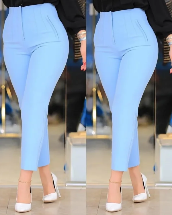 Pantalones largos negros informales a la moda, nuevos pantalones ajustados de Color sólido plisados a juego de nueve puntos para mujer, pantalones pitillo lisos para mujer - Imagen 8