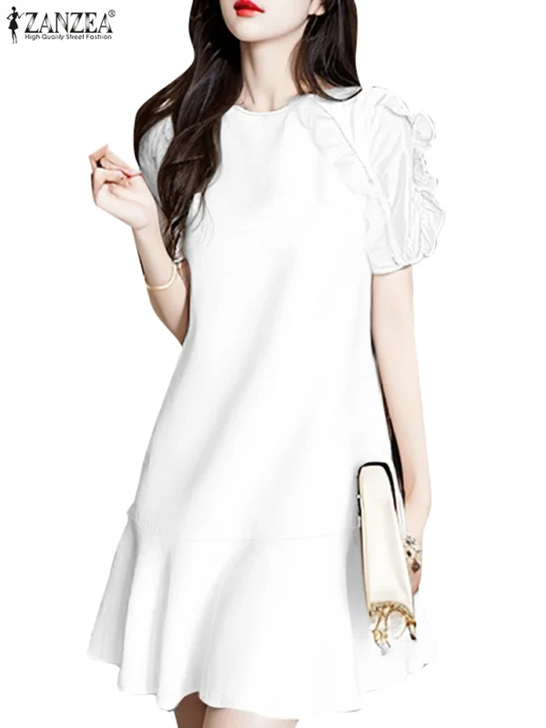 Vestido hasta la rodilla con volantes para mujer, vestido de manga corta de estilo coreano, Vestido corto liso elegante, Vestidos de fiesta con cuello redondo para verano 2025 - Imagen 5