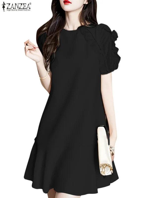 Vestido hasta la rodilla con volantes para mujer, vestido de manga corta de estilo coreano, Vestido corto liso elegante, Vestidos de fiesta con cuello redondo para verano 2025 - Imagen 3