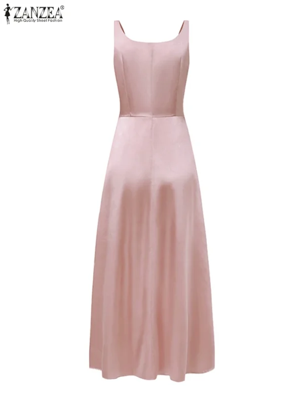 Vestidos de fiesta divididos mujeres elegante vestido largo de satén moda Clubbing vestido veraniego cuello cuadrado Maxi bata ZANZEA elegante sin mangas - Imagen 5