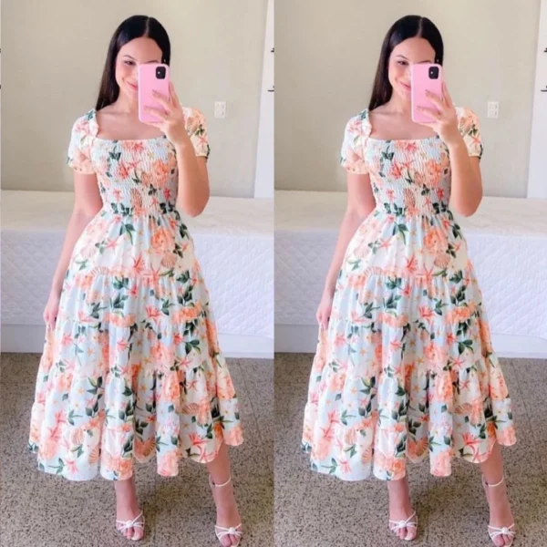 Vestido Midi elegante con hombros descubiertos para mujer, vestidos de moda de verano 2024, vestido de manga corta con estampado de flores de cintura alta, ropa - Imagen 7