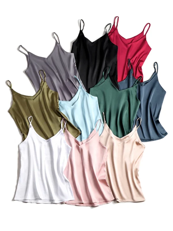 Top con tirantes finos para mujer, camisola básica blanca con cuello Halter, camisetas sin mangas de seda satinada, camisola de verano para mujer - Imagen 3