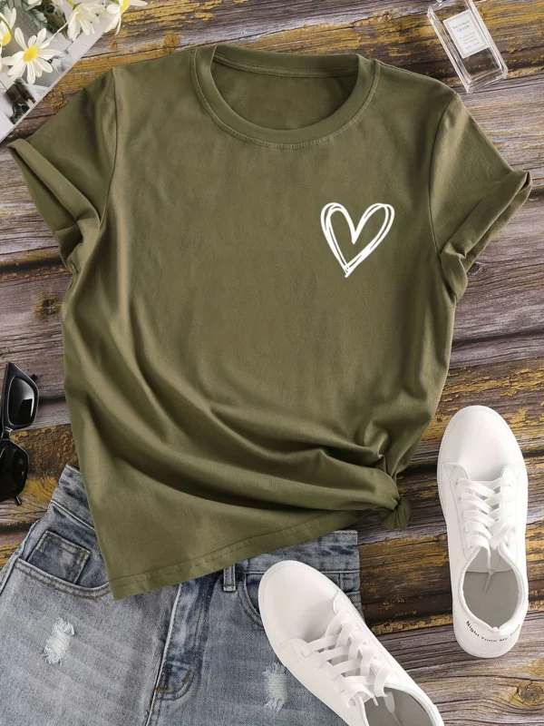 Camiseta con estampado de corazones, camiseta de manga corta con cuello redondo, camisetas informales para todos los días, ropa de mujer - Imagen 5
