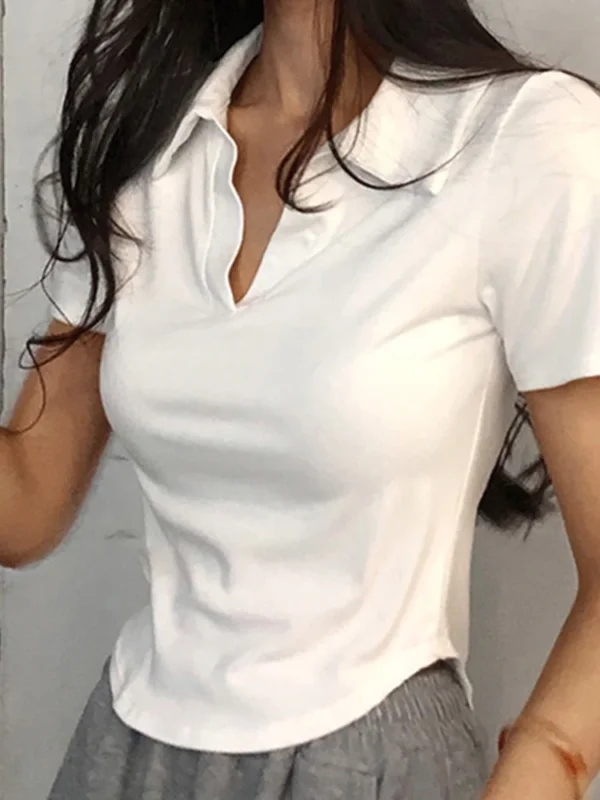 Top de manga corta con solapa para mujer, jerséis sólidos con cuello en V, camisas dulces Retro, Top corto para niña, camiseta versátil delgada para mujer - Imagen 7