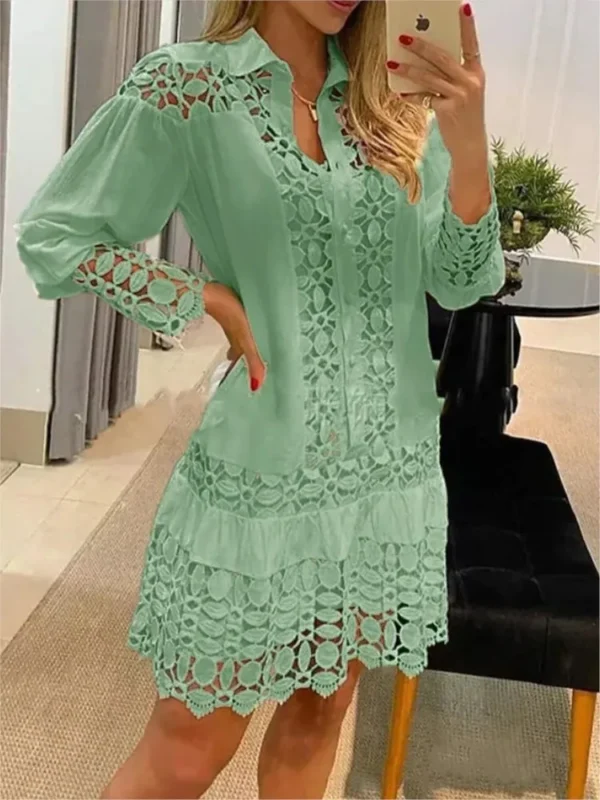 Vestidos de manga larga para mujer, Color sólido, empalme de encaje, camisa recortada de moda, vestido Sexy elegante para mujer - Imagen 3