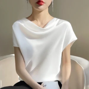 Camisetas de seda para mujer, camisetas de manga corta con cuello redondo, camiseta informal con parte inferior de Color sólido, Tops holgados para mujer, jersey, ropa 5XL
