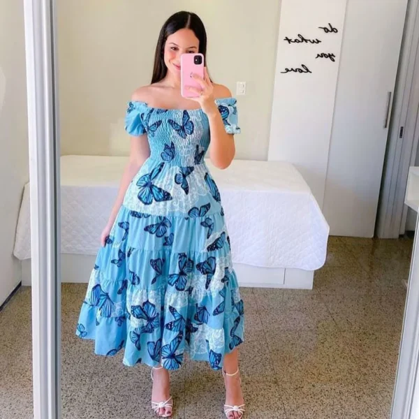 Vestido Midi elegante con hombros descubiertos para mujer, vestidos de moda de verano 2024, vestido de manga corta con estampado de flores de cintura alta, ropa - Imagen 4
