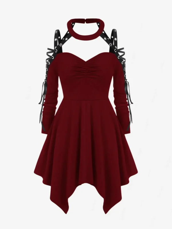ROSEGAL-ropa asimétrica gótica para mujer, Tops largos, Gargantilla, vestido recortado con cordones, camisetas negras de doble uso, talla grande - Imagen 9