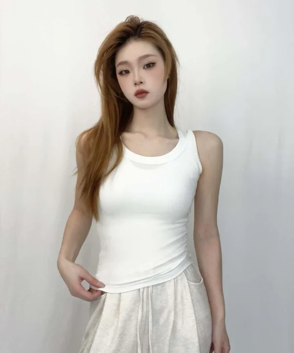 Camiseta sin mangas acanalada con cuello redondo liso para mujer, camisas elásticas básicas de verano, chaleco deportivo informal con hombros descubiertos - Imagen 8