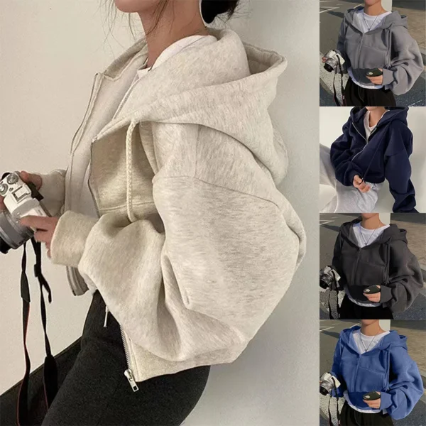 Sudadera con capucha Mujer  primavera otoño nuevo Insfleece-forrado versátil recortado Slims suaviza silueta con cremallera cálido azul marino