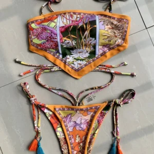 Bikini con Top corto estampado para mujer, traje de baño brasileño, conjunto de Bikini de dos piezas, traje de baño de corte alto, 2025