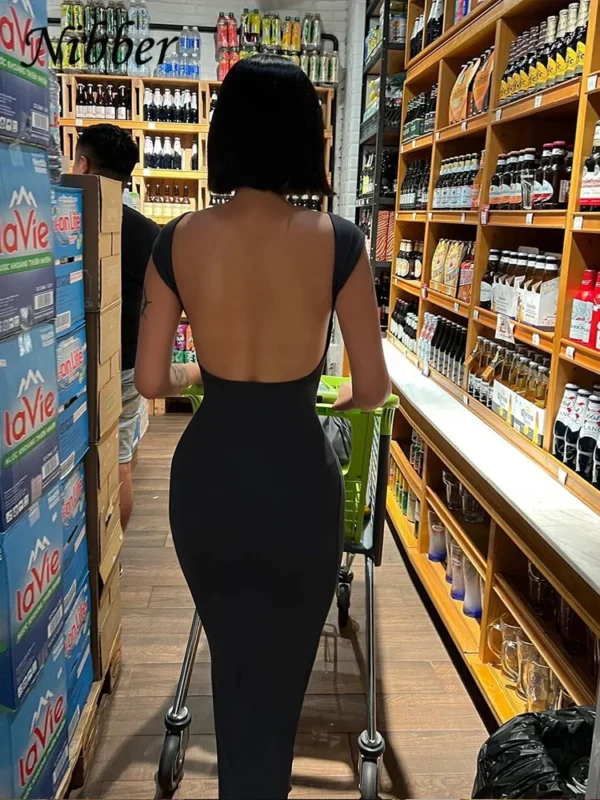 Vestido largo liso con espalda descubierta para mujer, ropa de calle Sexy, elegante, elástico, ajustado, manga corta - Imagen 4