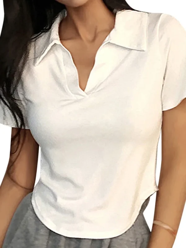 Top de manga corta con solapa para mujer, jerséis sólidos con cuello en V, camisas dulces Retro, Top corto para niña, camiseta versátil delgada para mujer - Imagen 5