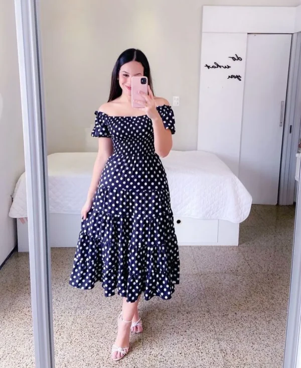 Vestido Midi elegante con hombros descubiertos para mujer, vestidos de moda de verano 2024, vestido de manga corta con estampado de flores de cintura alta, ropa - Imagen 6