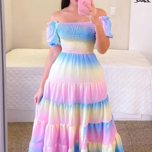 Vestido Midi elegante con hombros descubiertos para mujer, vestidos de moda de verano 2024, vestido de manga corta con estampado de flores de cintura alta, ropa - Imagen 3