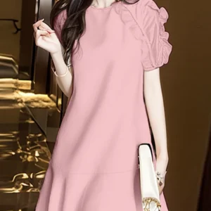 Vestido hasta la rodilla con volantes para mujer, vestido de manga corta de estilo coreano, Vestido corto liso elegante, Vestidos de fiesta con cuello redondo para verano 2025